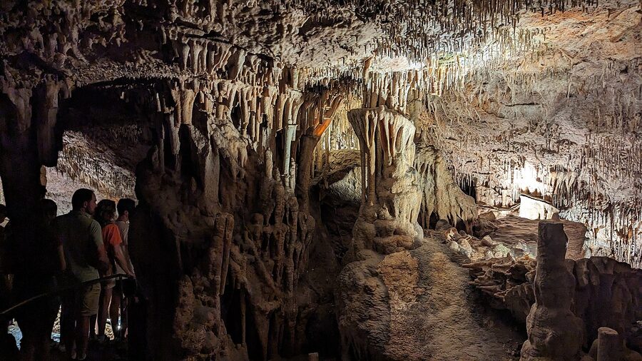 Stalactite passage inside Caves of Drach Mallorca with walkway