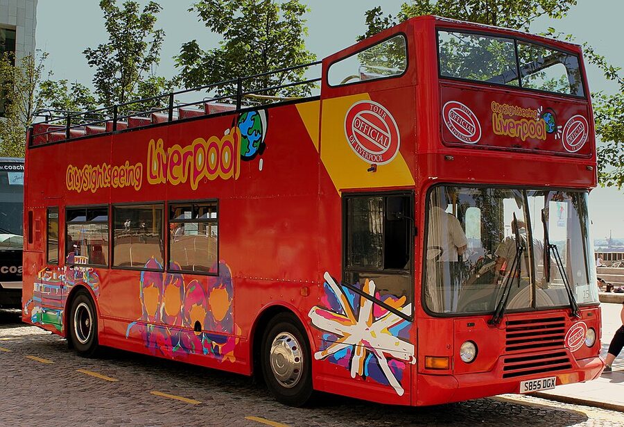 City Sightseeing open-top tour bus parked at Liverpool Pier Head