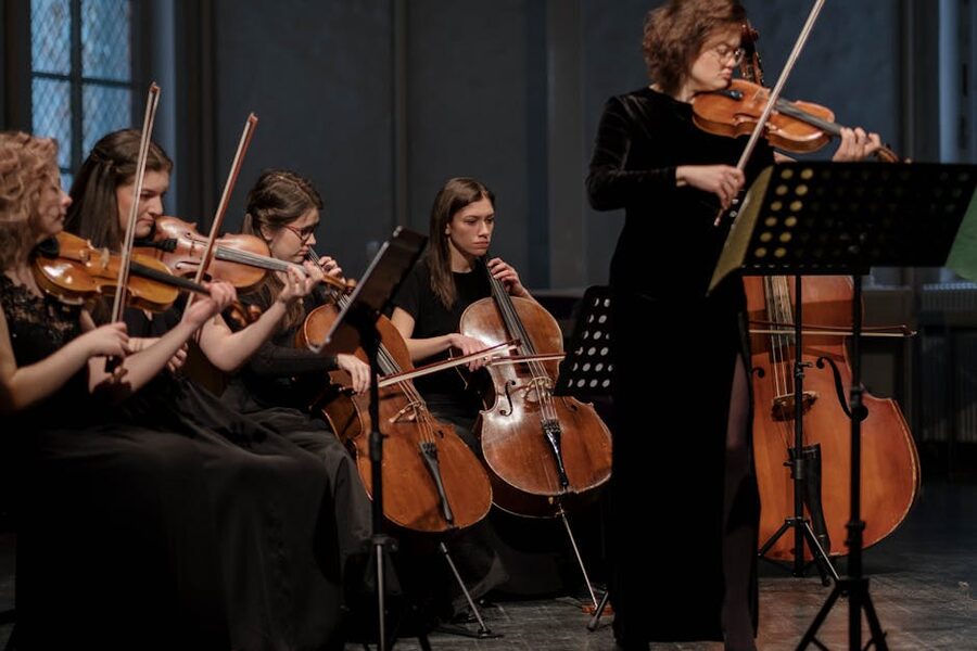 String quartet performing classical music with violins and cellos