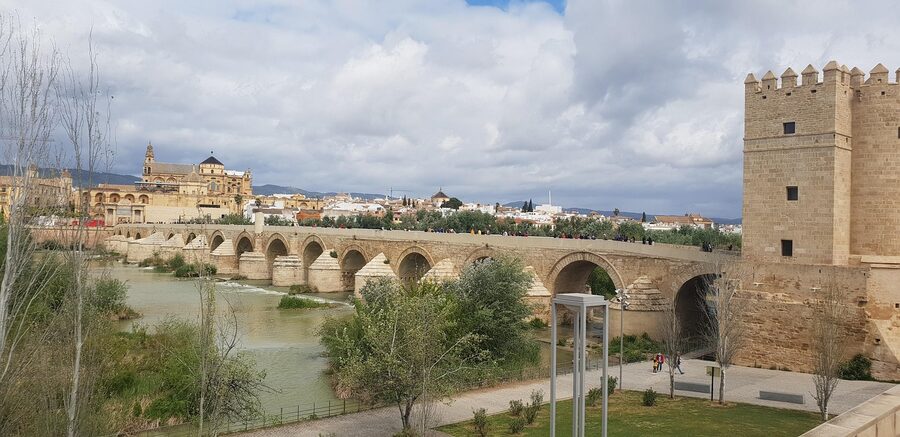 Mezquita Cordoba courtyard with orange trees and bell tower