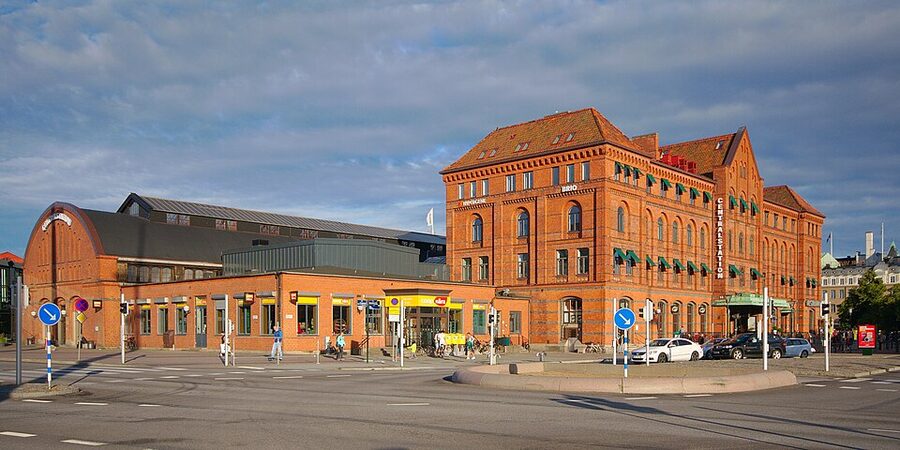 Malmo central station exterior with brick architecture