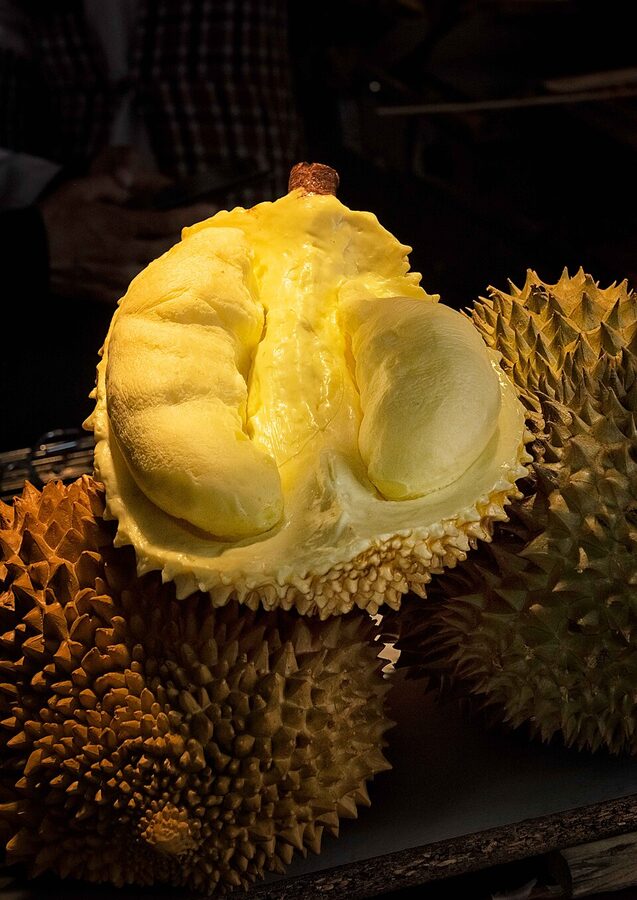 Durian fruit whole and split open from Yunnan