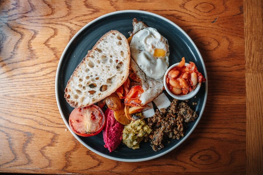Scottish breakfast plate with sausage style food