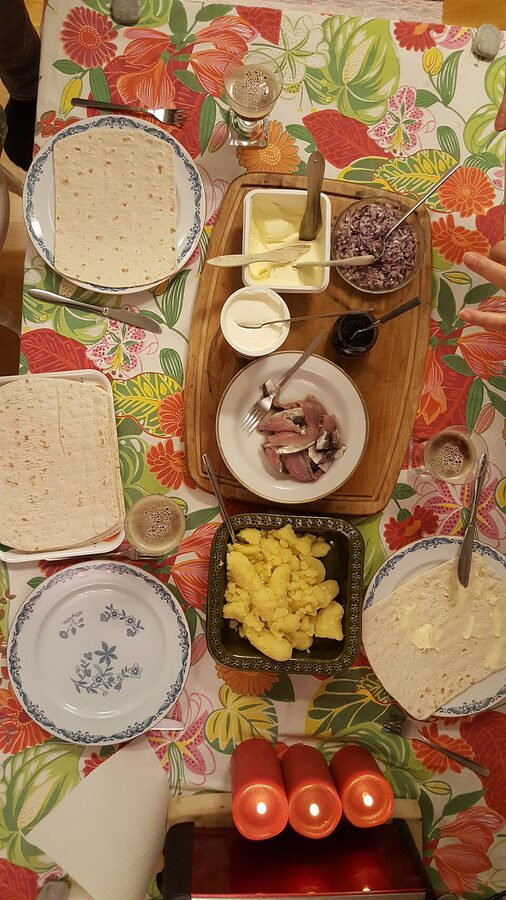Surstromming fermented Baltic herring opened in a bowl