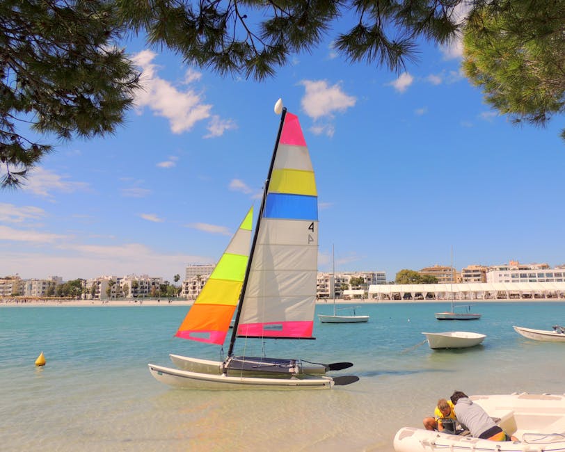 Catamaran sailing near the Majorca coast under a summer sky