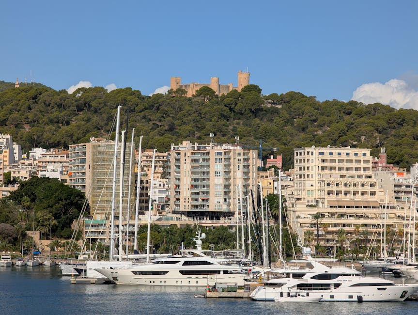 Palma de Mallorca harbour with yachts and Bellver Castle