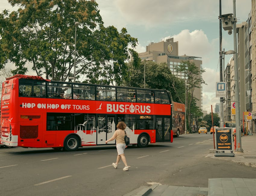 Tourists riding open-top double-decker tour bus