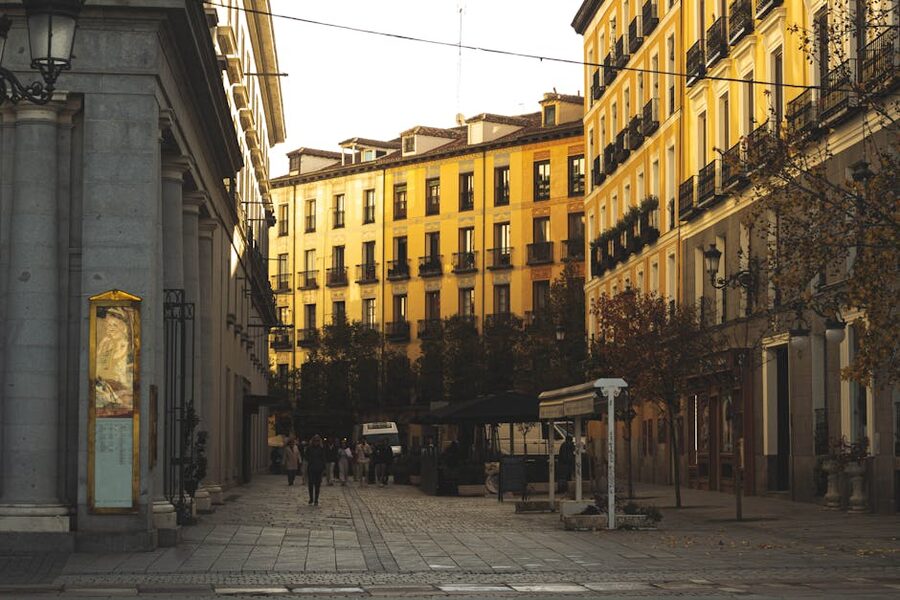 Classic Madrid street at sunset