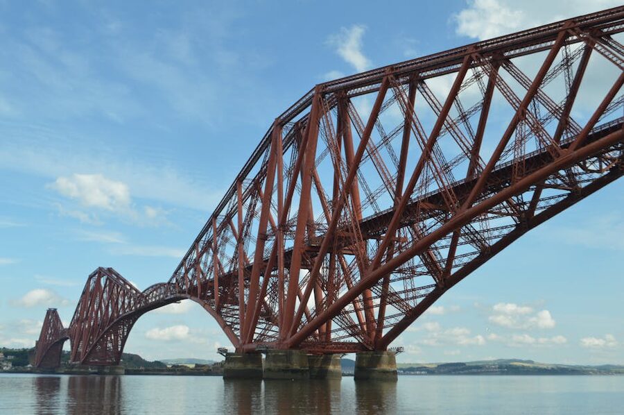The Forth Bridge against a clear blue sky near Edinburgh