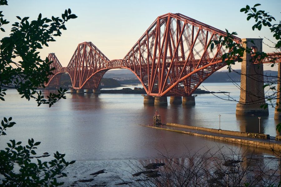 The Forth Bridge at sunset over the Firth of Forth