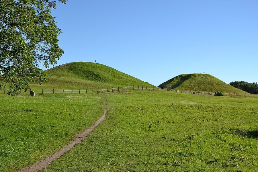 Royal burial mounds at Gamla Uppsala covered in green grass