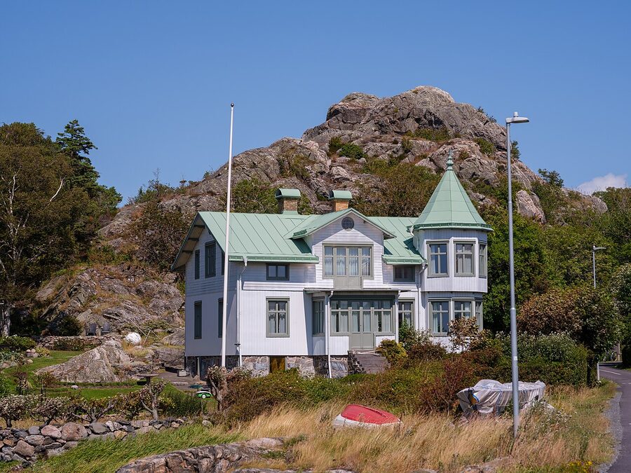 Branno island Gothenburg southern archipelago with wooden boathouses on the dance pier