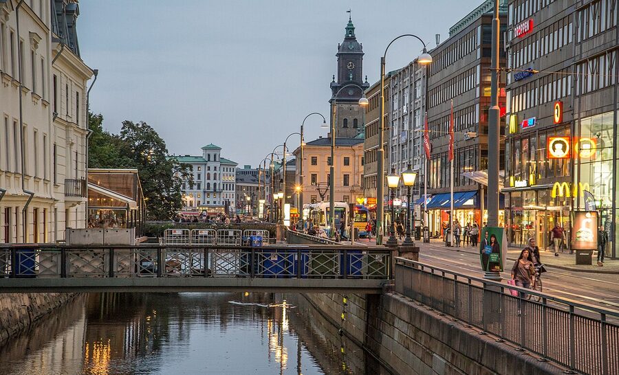 Aerial view of Gothenburg canals running through the old town