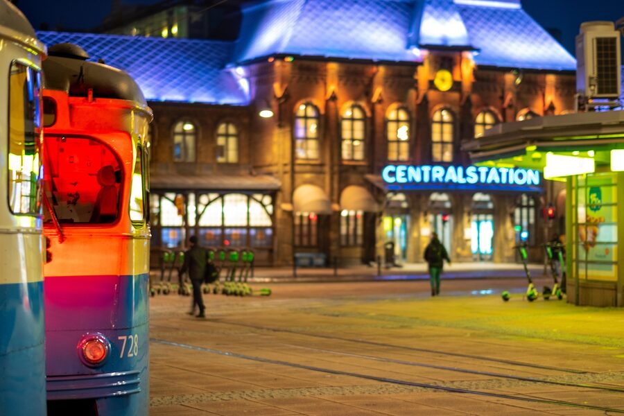 Gothenburg central station and tram at night
