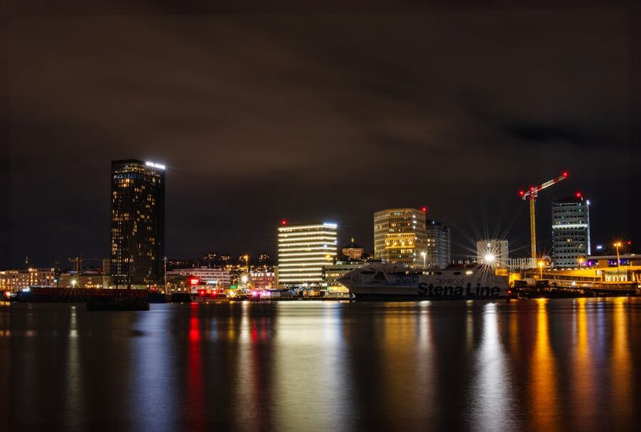 Gothenburg cityscape with Stena Line ferry at night