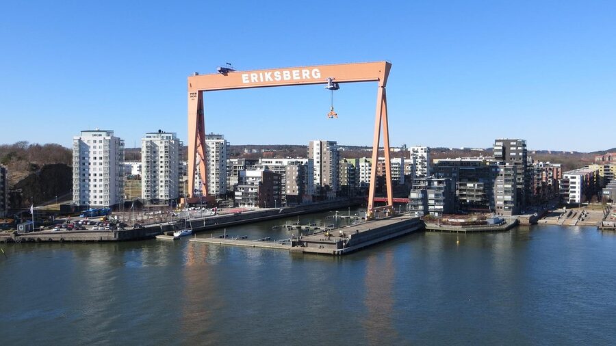 Gothenburg Eriksberg panorama from the river with the historic crane visible