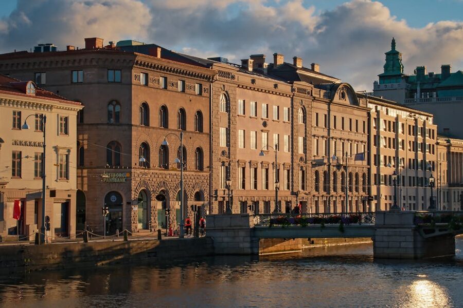 Historic architecture and a stone bridge in central Gothenburg