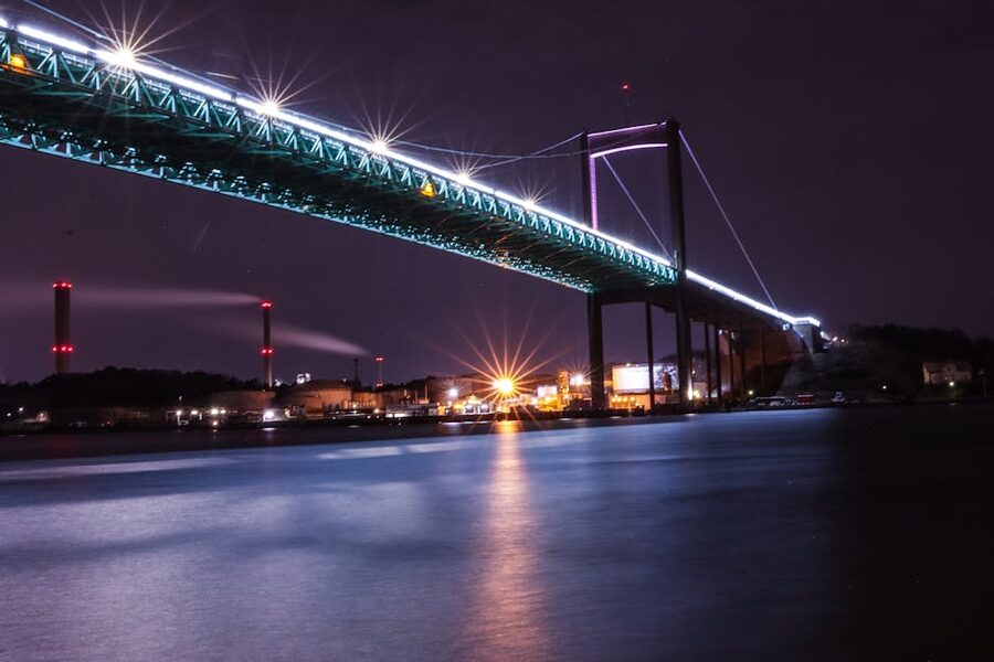 Alvsborg Bridge over canal at night Gothenburg