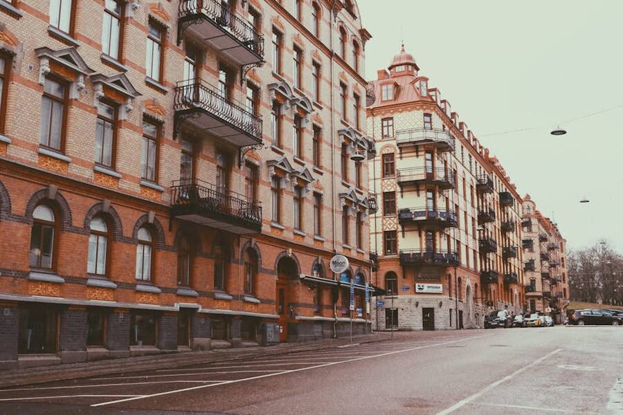 Historic buildings on a Gothenburg cobbled street