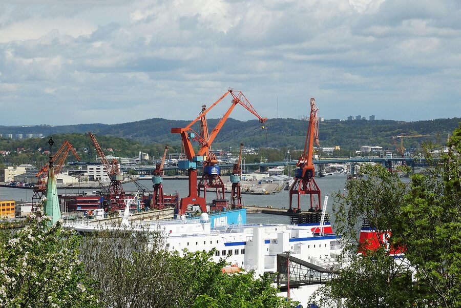 Gothenburg port with shipyard cranes along the Gota river