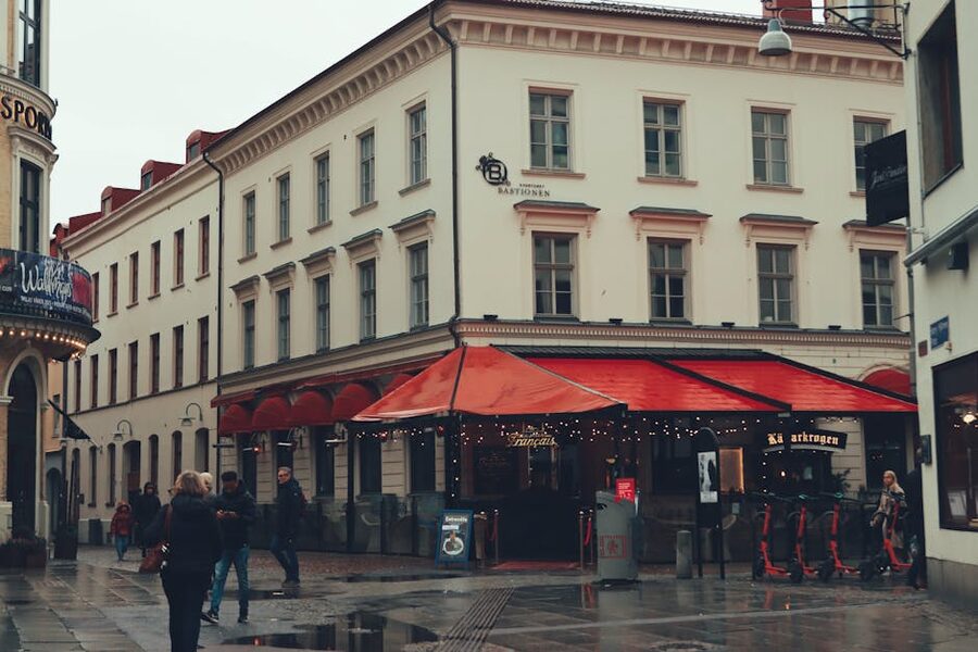 Rainy day on a Gothenburg street with pedestrians