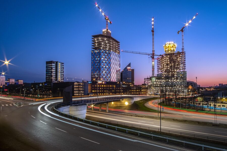 Gothenburg skyline at sunset with new high-rise construction