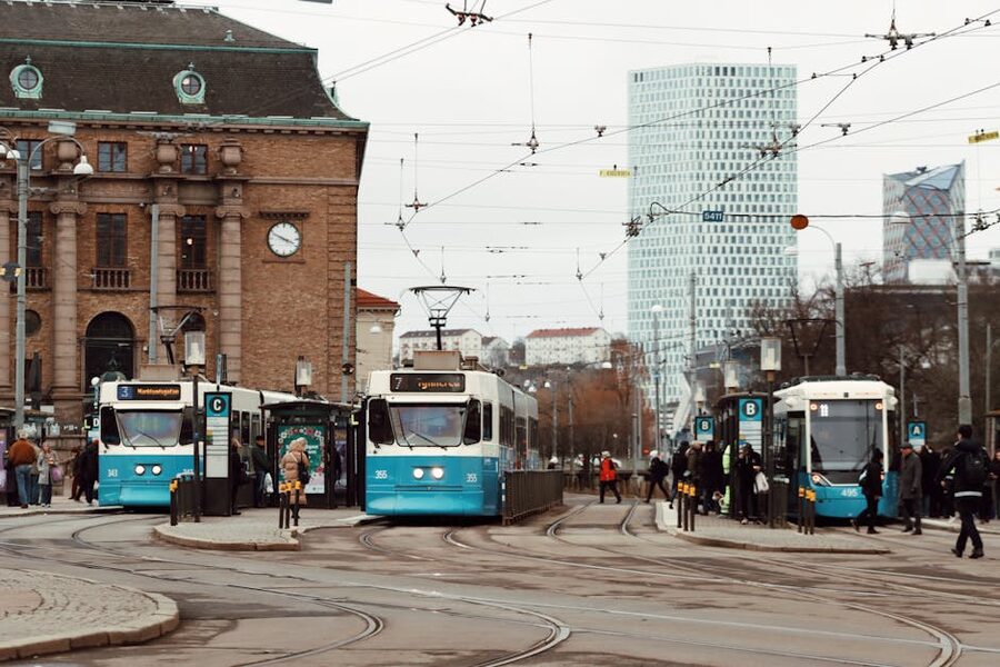 Trams at a busy intersection in Gothenburg city center