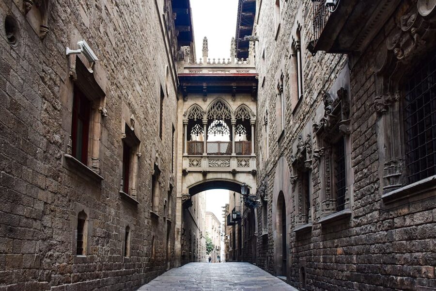 Pont del Bisbe stone bridge in the Gothic Quarter of Barcelona