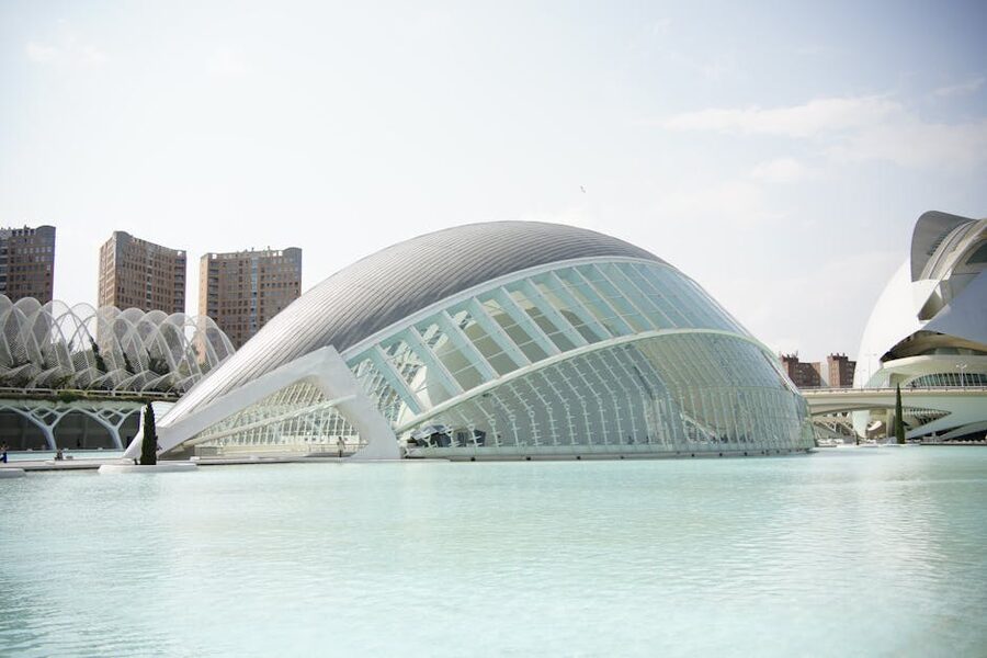 L'Hemisferic and City of Arts and Sciences Valencia evening view