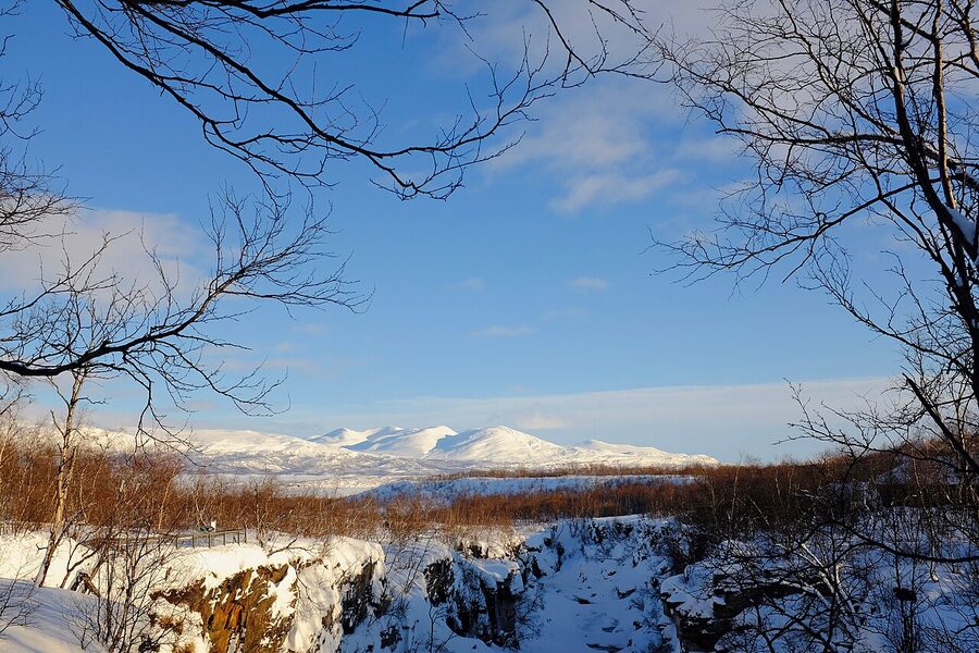 View into Abisko National Park from above the Abiskojokk canyon rim