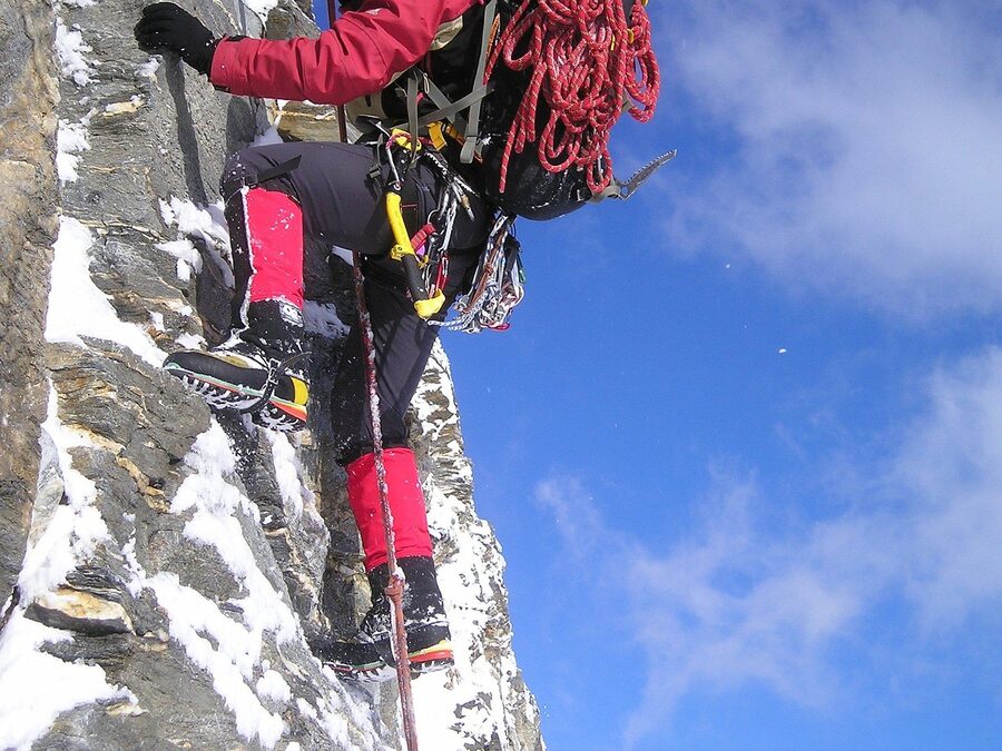 Crampons, ice axes and ice climbing equipment laid out