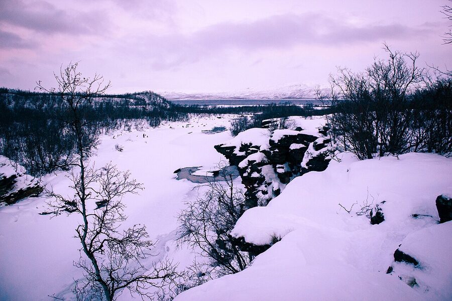 Frozen Abiskojokk river in winter