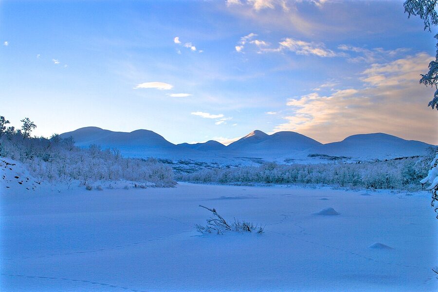 Snow-covered Abisko mountains in mid-winter