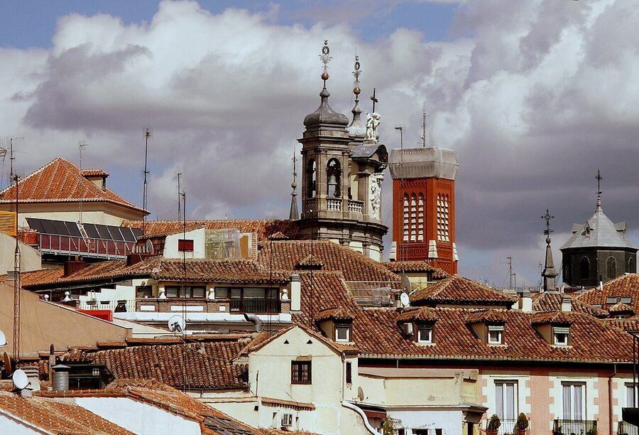 Madrid de los Austrias slate rooftops and church spires