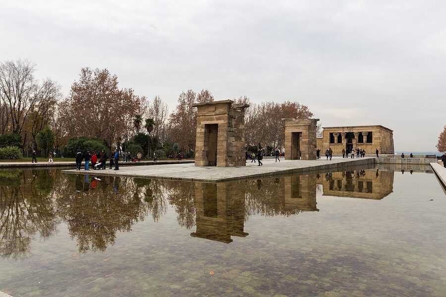 Templo de Debod with reflecting pond and Madrid skyline behind