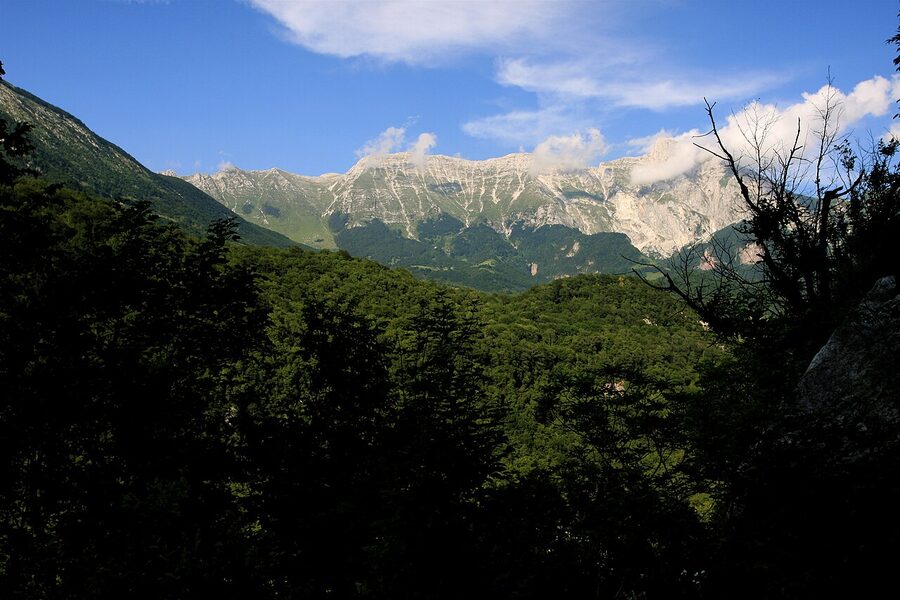 Julian Alps mountains and forested valley near Bovec Slovenia