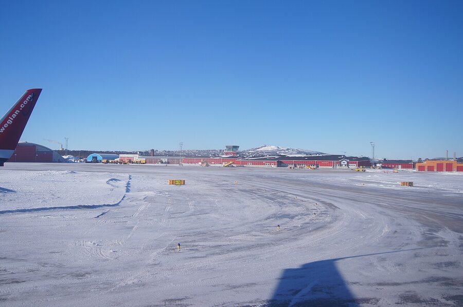 Kiruna Airport in winter with snow on runway