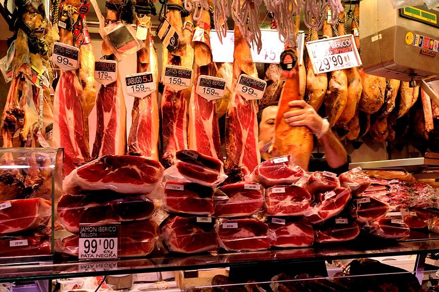 La Boqueria meat stand jamon Barcelona