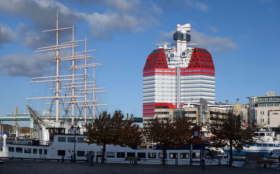 Lilla Bommen dock area in Gothenburg with the four-mast Viking ship