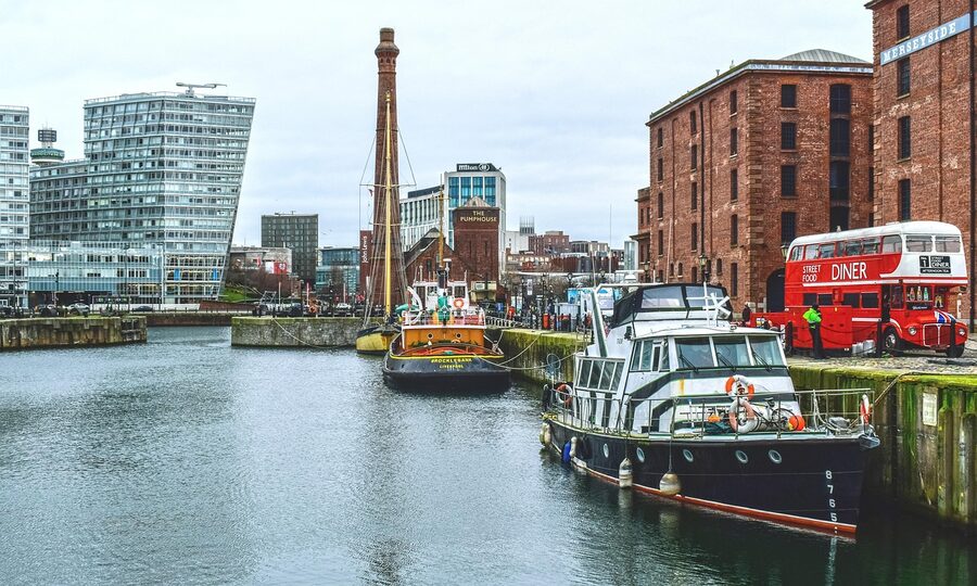 Boats and Albert Dock waterfront in Liverpool