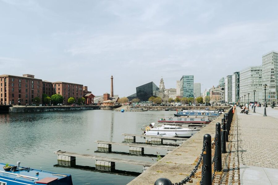 Liverpool port with docked boats
