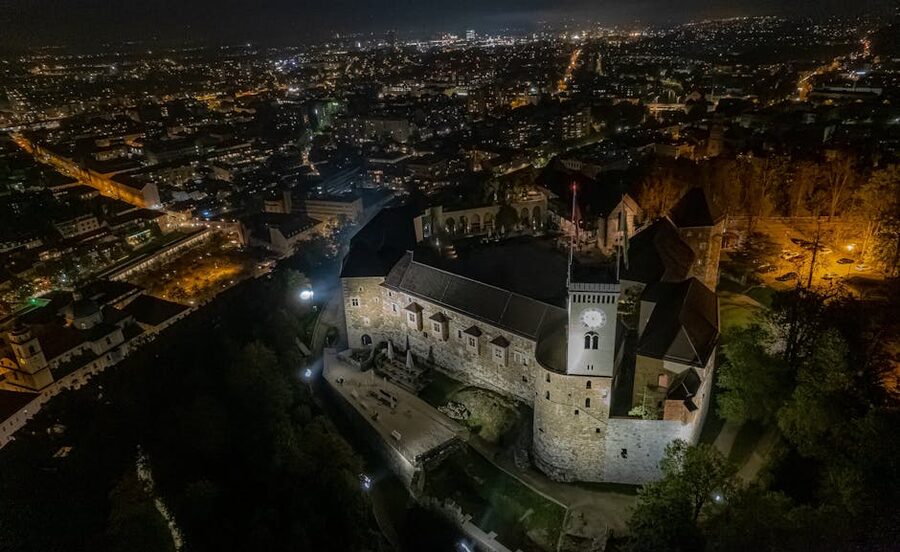 Ljubljana Castle aerial view at night
