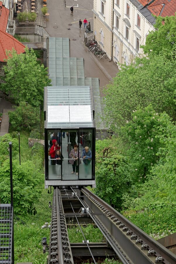 Ljubljana Castle funicular climbing the hill from Old Town