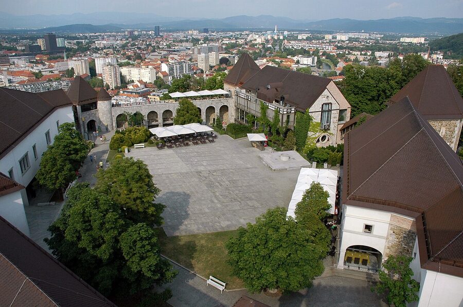 Inner courtyard of Ljubljana Castle where the Time Machine tour starts