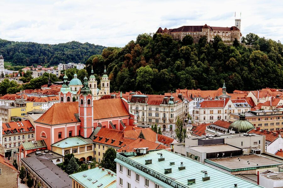 Ljubljana old town with Ljubljana Castle on the hill above