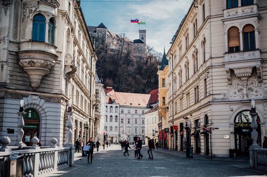 Ljubljana Old Town street looking up to castle