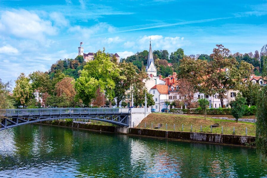 Ljubljanica river and Old Town buildings