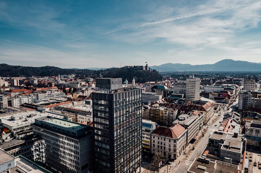Ljubljana cityscape from above with castle visible