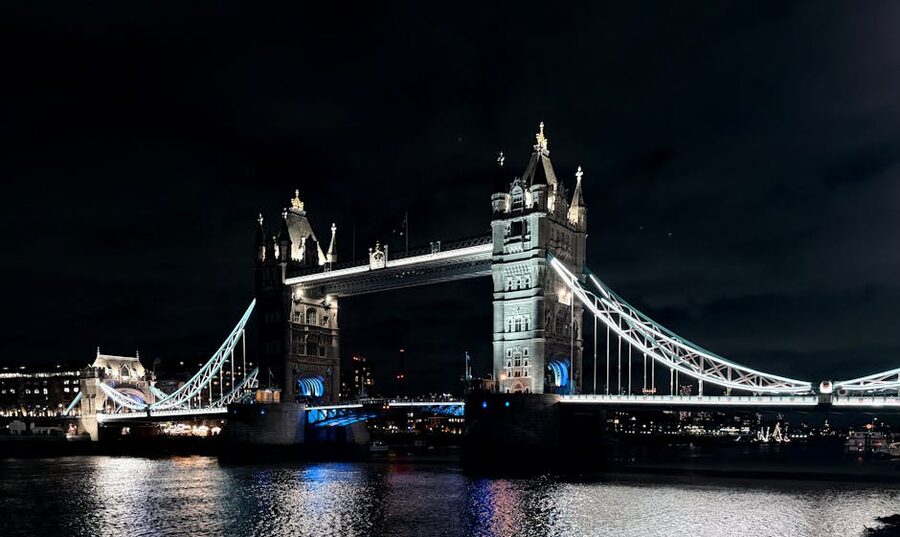 Tower Bridge in London illuminated at night