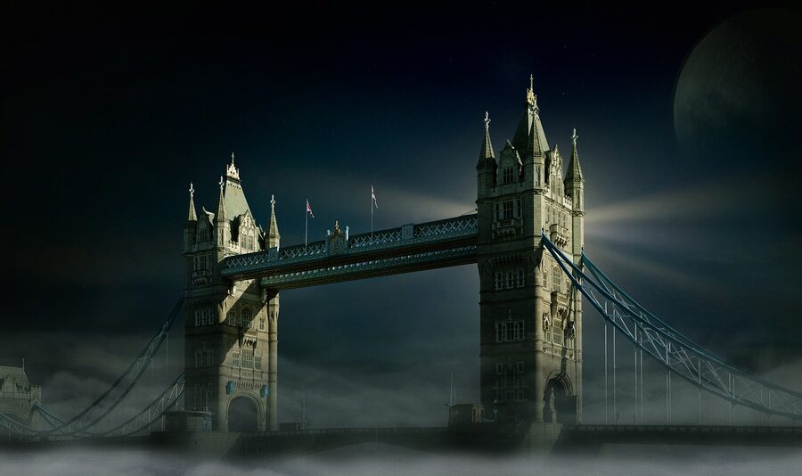 Tower Bridge in London with its blue twin towers